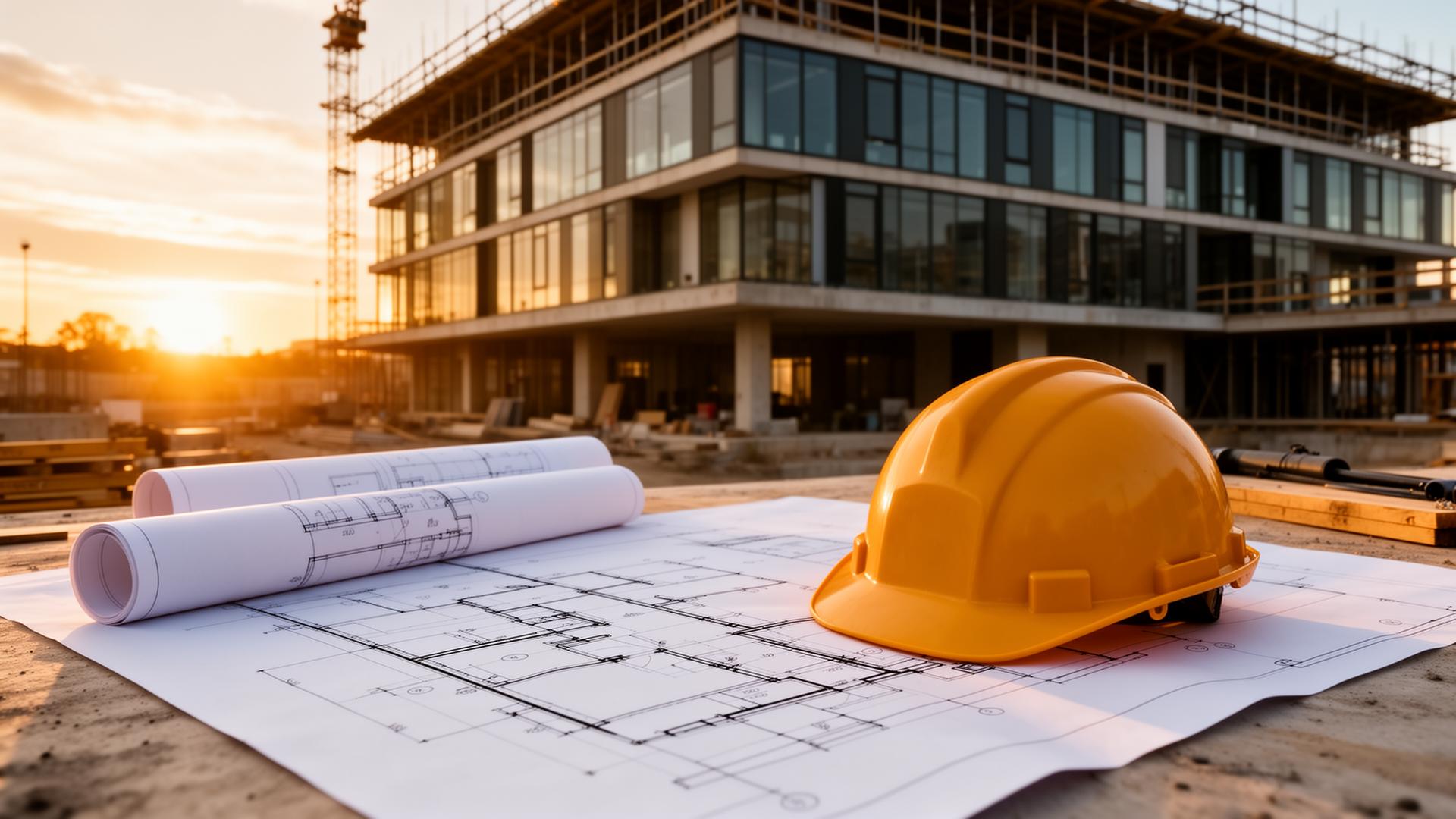 Construction site at sunset with blueprints and hardhat